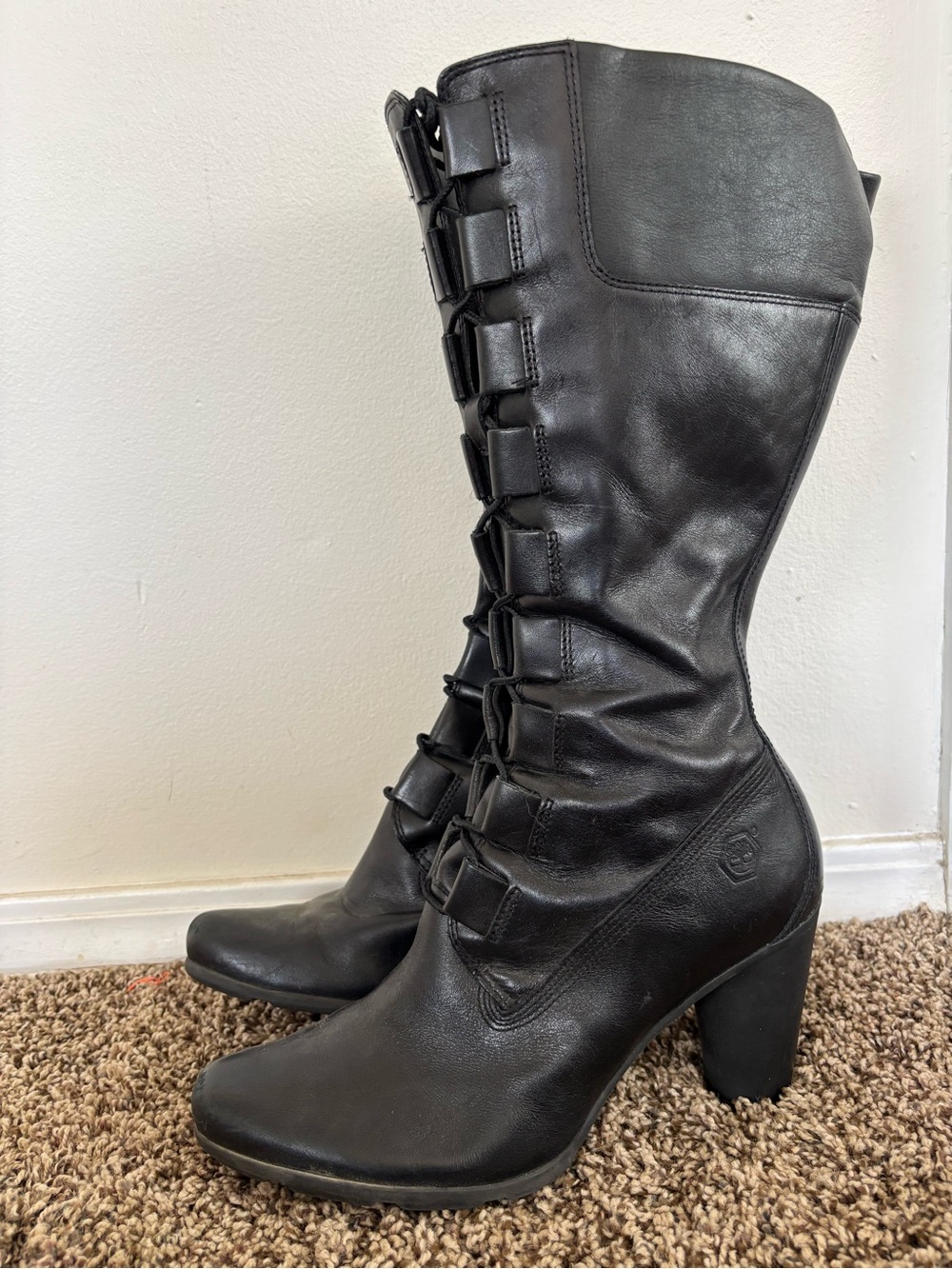 Women's Timberland Black Lace-Up Mid-Calf Heeled Boots